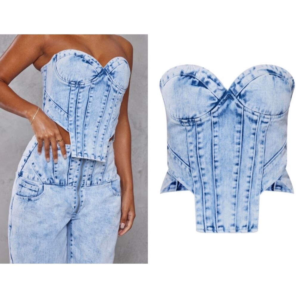 Pretty Little Thing Denim Corset Bustier Top Strapless Acid Wash Crop Top Size 2